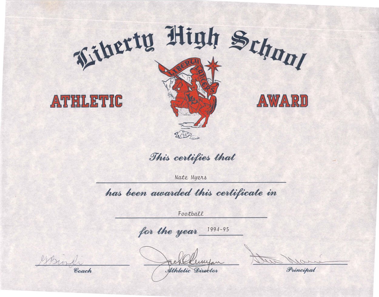 Liberty High School Football 1994-1995 Certificate Liberty High School Football 1994-1995 Certificate