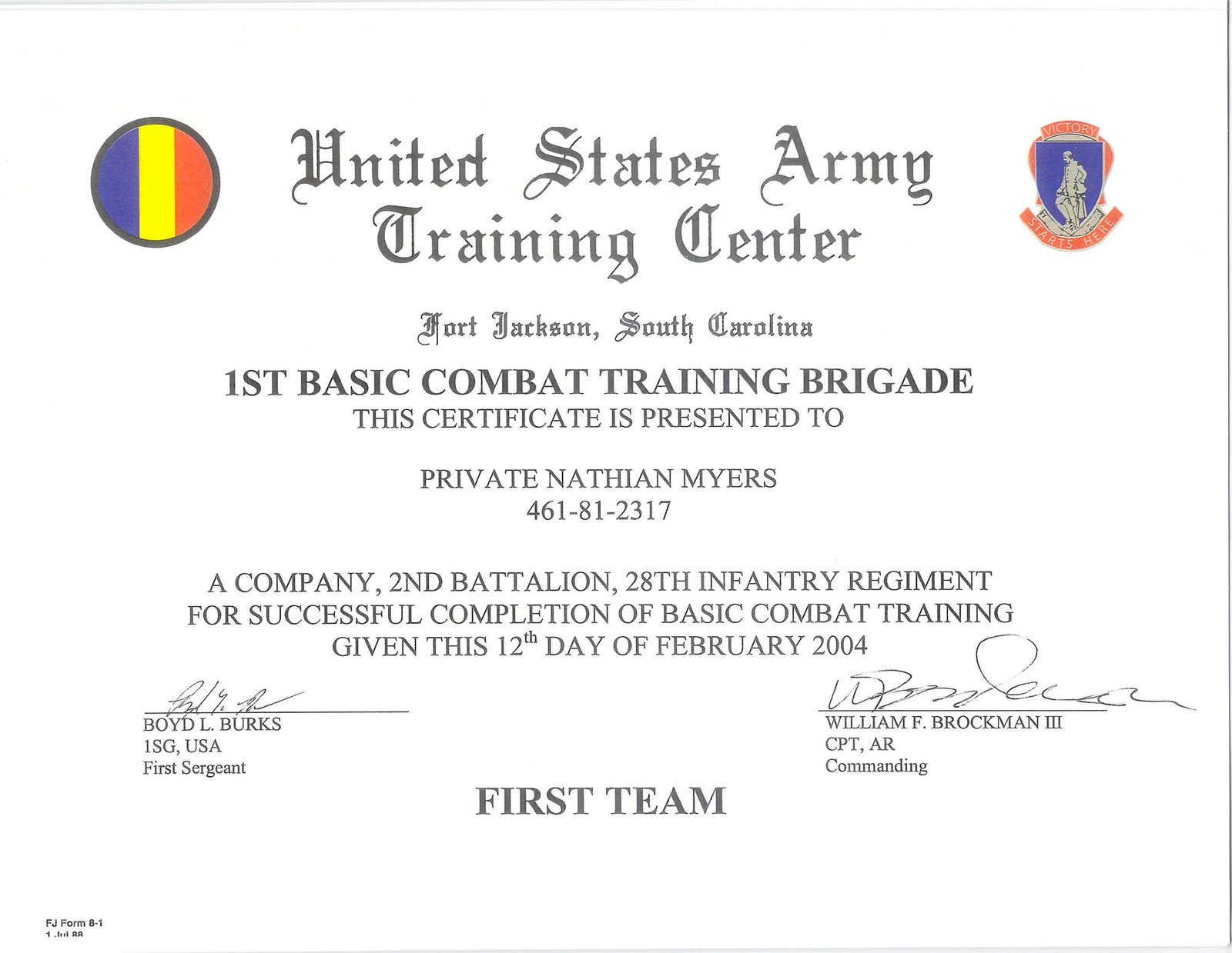 Certificate of Completion for US Army Basic Combat Training Certificate of Completion for US Army Basic Combat Training