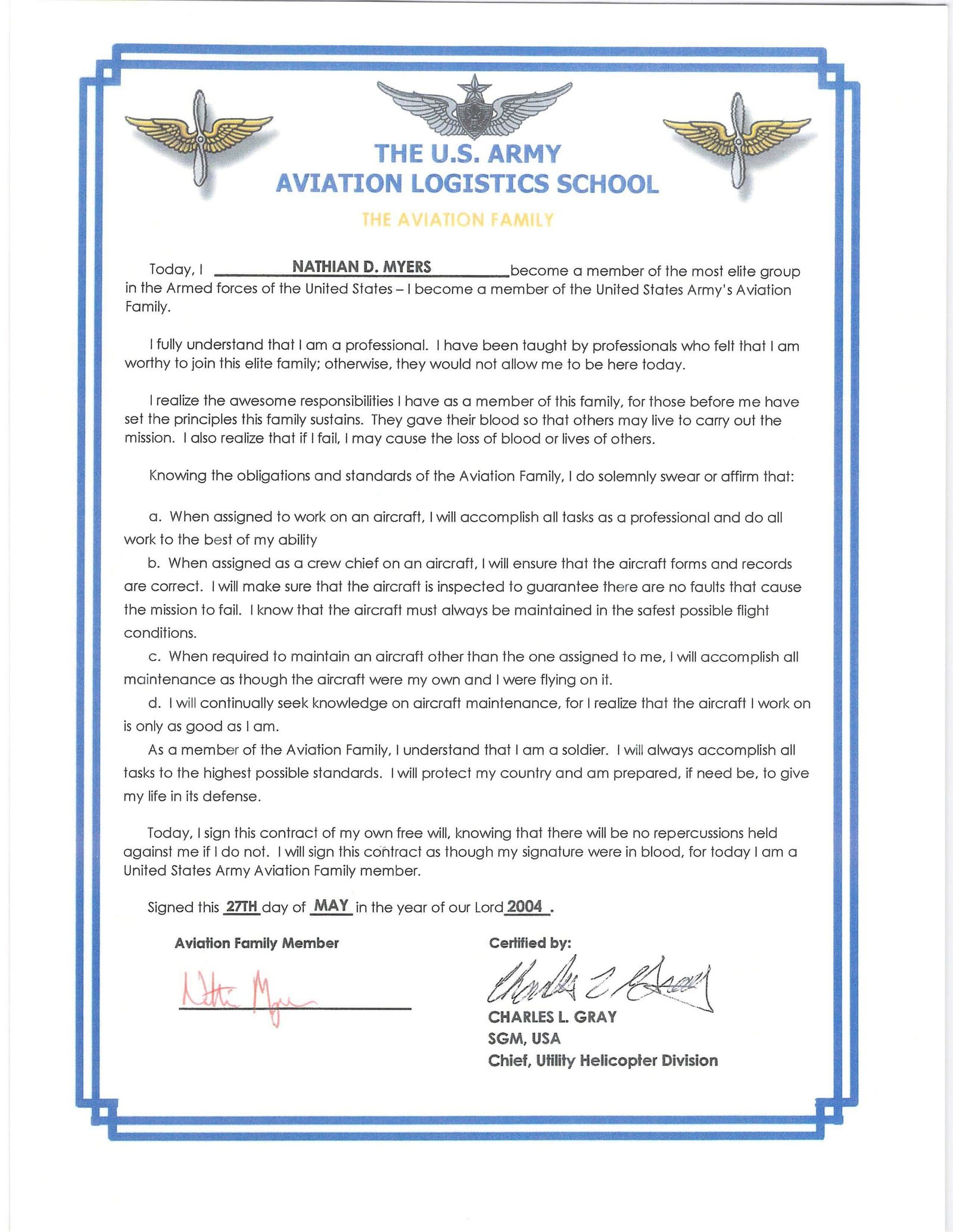 Certificate of Aviation Family Certificate of Aviation Family