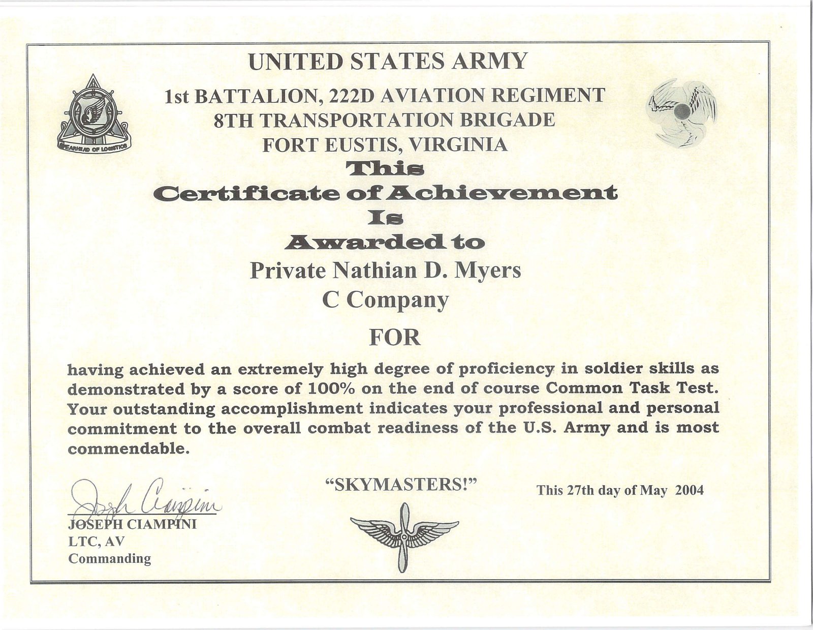 Certificate of Achievement for Soldier Tasks Certificate of Achievement for Soldier Tasks
