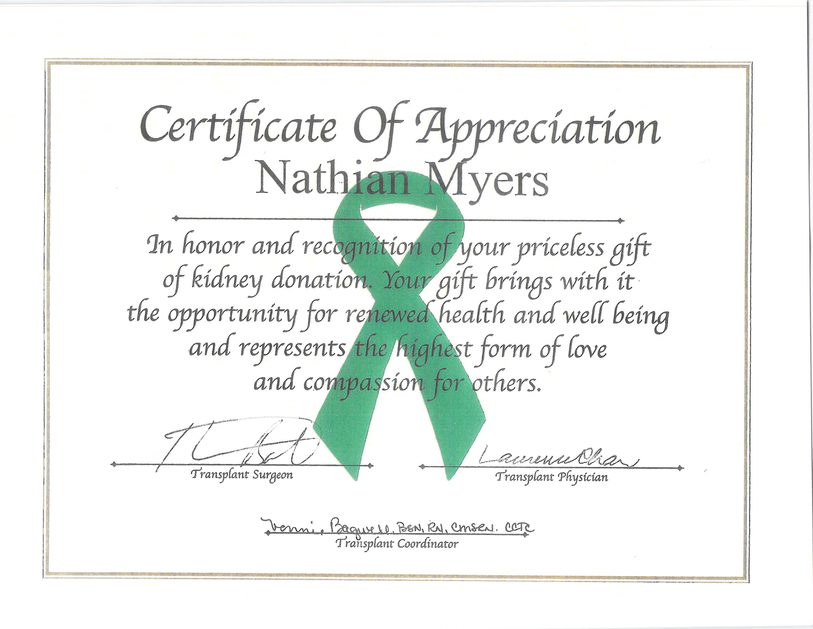 Certification of Appreciation for Donating Kidney Certification of Appreciation for Donating Kidney
