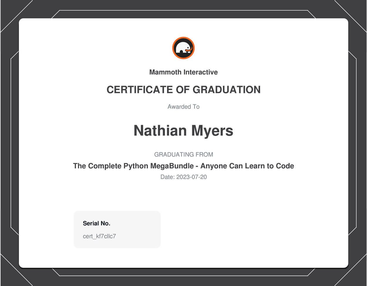 Certificate of Completion for the Complete Python Megabundle Certificate of Completion for the Complete Python Megabundle